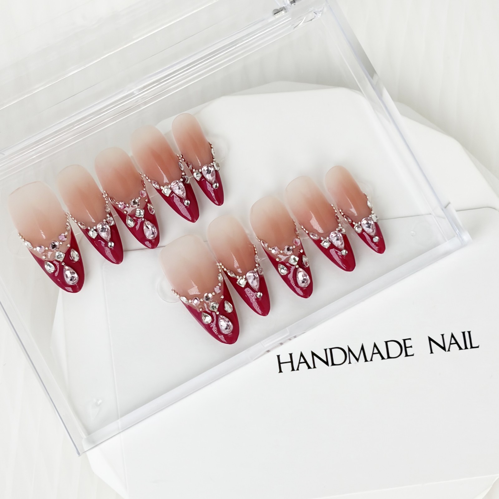 Red Brown Ombre Press-On Nails with Rhinestone Band Luxury Handmade Almond Nails
