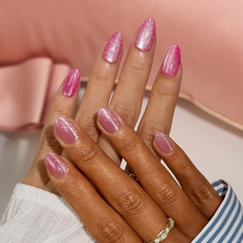 Press On Nails Almond, Short, Glitter Pink, 32Ct | 2+ Week Wear, Stardust Pink
