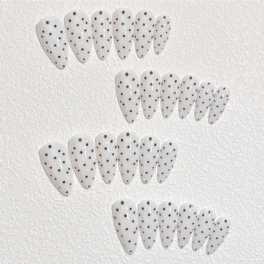 48Pcs-Medium Almond Milky White Black Polka Dot Minimalist Press on Nails