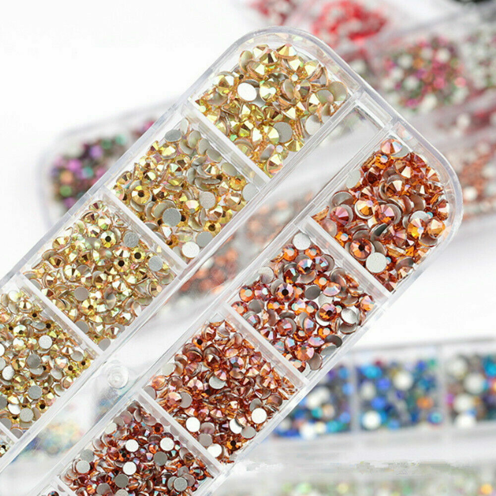 12Grid/Box 3D Nail Art Rhinestones Mix Size Flatback Glitter Diamonds Tips Decor