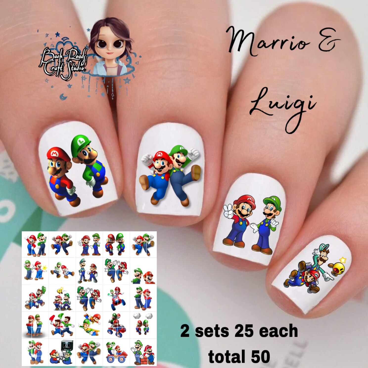 Mario & Luigi Waterslide Nail Art Decals Set Of 50 Super Mario Bro’s