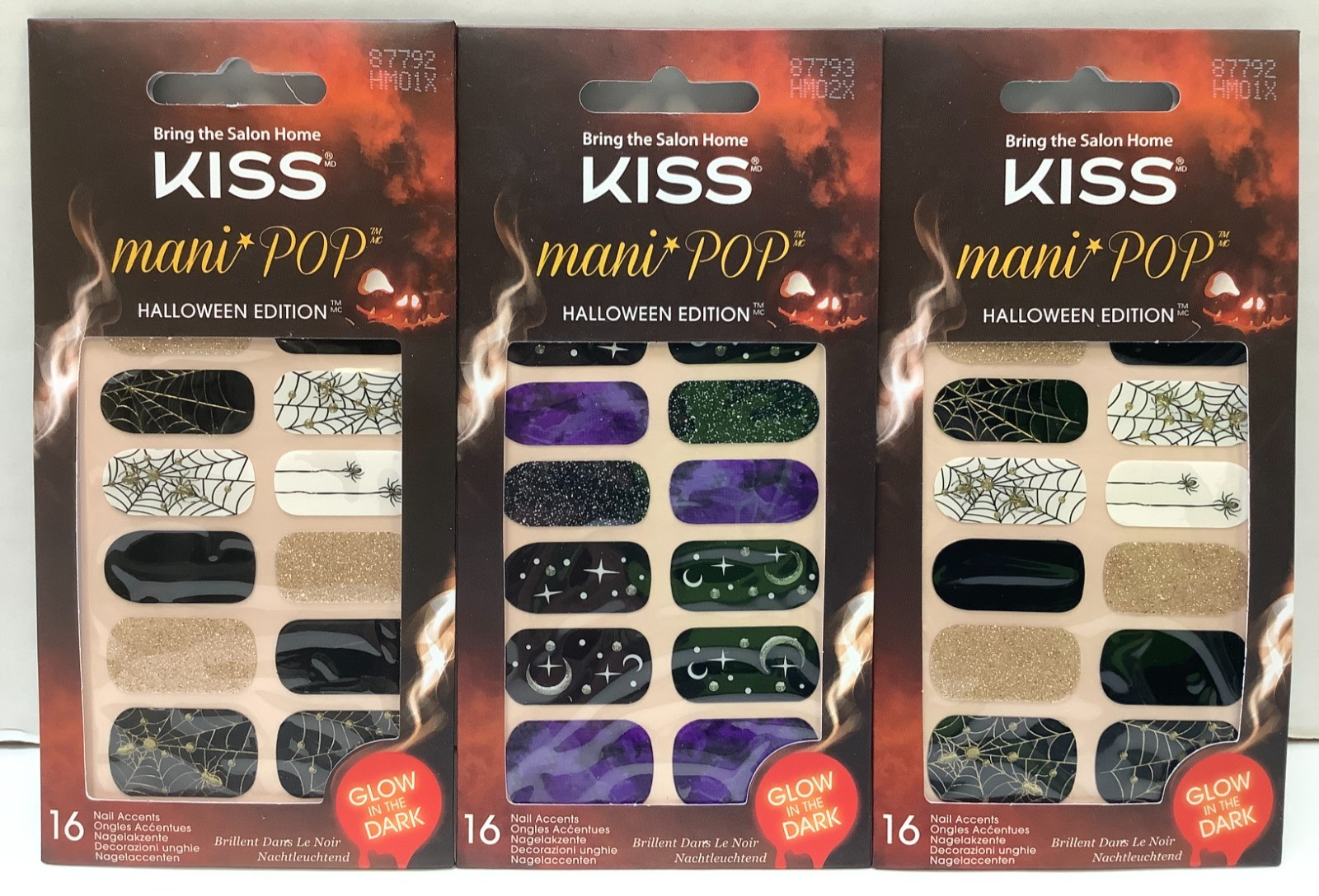 KISS Mani Pop Halloween Edition 16 Ct Glow In Dark Nail Accents Strips, 3pk