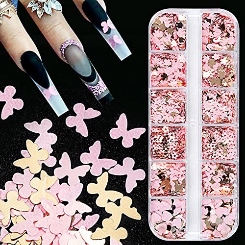 12 Grids Gold Pink Nail Glitter Sequins 3D Holographic Nail Glitter Flakes