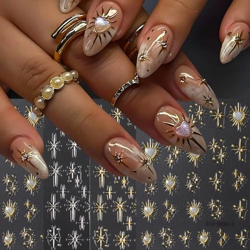 Holographic Gold Star Nail Stickers with 5D Embossed Rhinestones & Laser