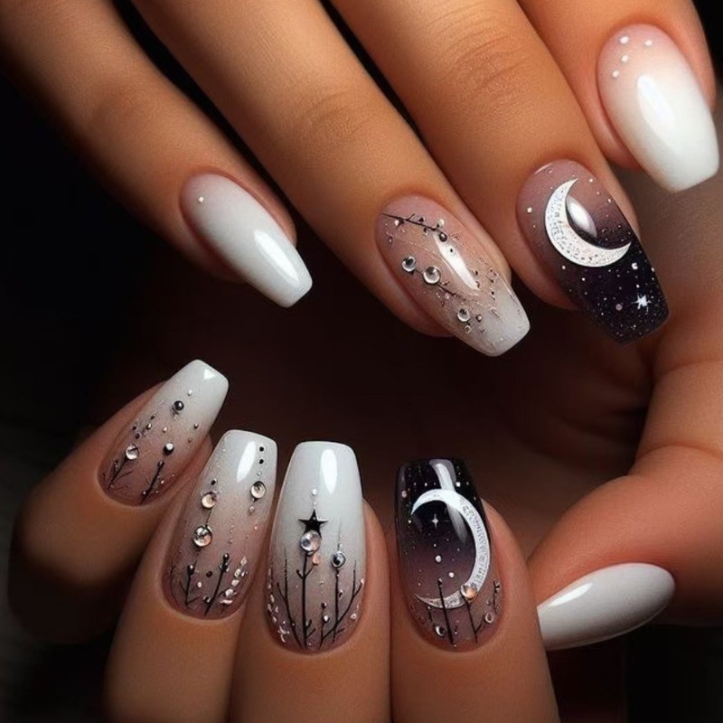48pcs-Mystical Nails, Press on Coffin with Black To White Ombre & Crystals