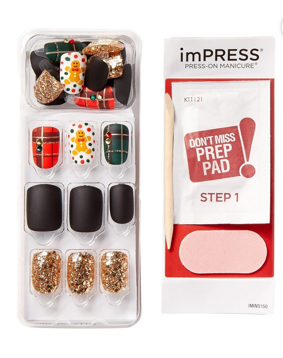 KISS imPRESS Press-On Manicure Short Matte Black Nails Gingerbread Plaid X1 NEW