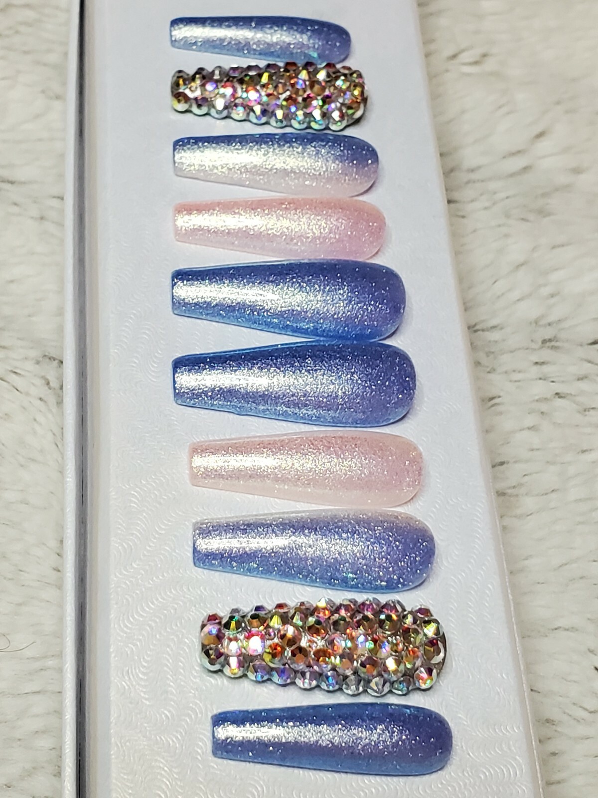 Baby blue white Bling glitter long ballerina diamond press on nails barbie ombre