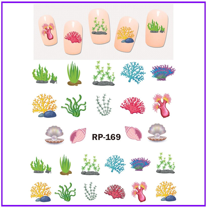 Nail art water transfer stickers decal seashells seaweed corals pearls RP169