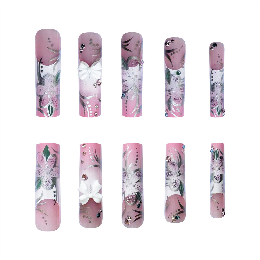Extra Long Square False Nail Camellia French Press on Nails for Nail Art 24pcs