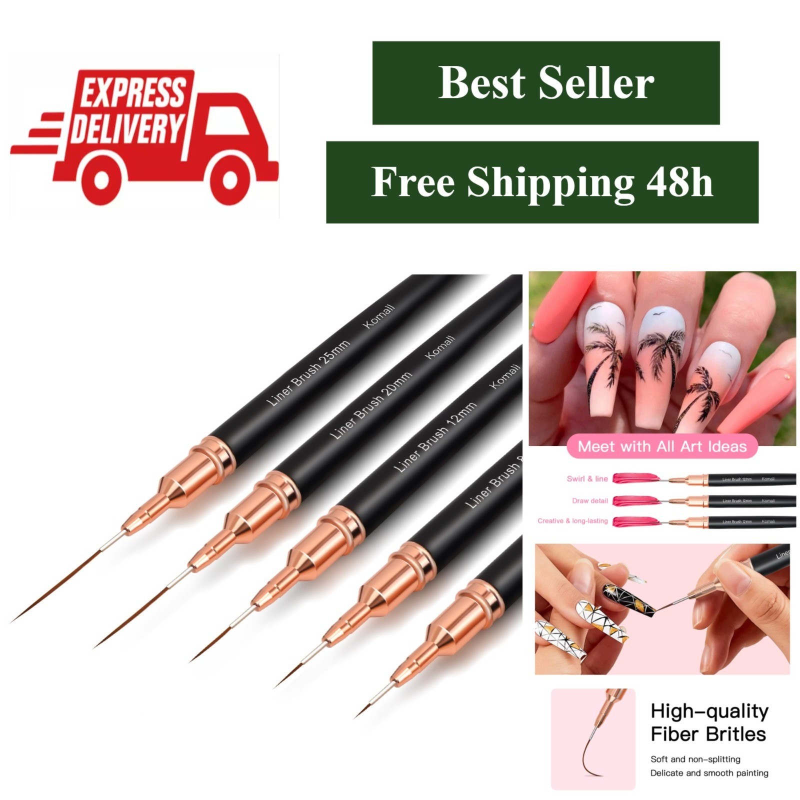 Komall Metallic Nail Art Brushes Set – 5 Pcs Liner Brushes for Detailing