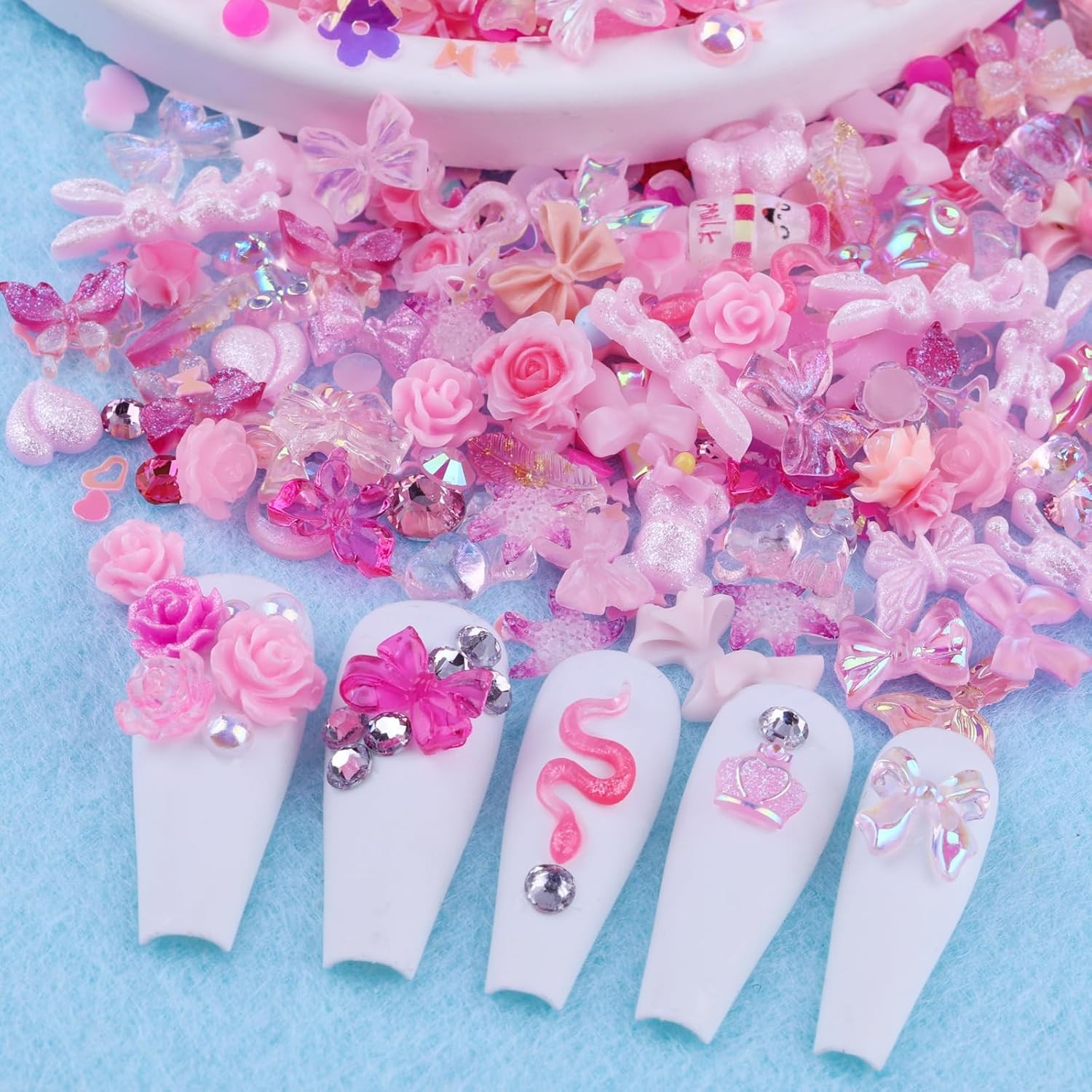 300pcs Nail Art Charms Kit,Over 100pcs Mixshape Resin Nail Gems and 100pcs-pink