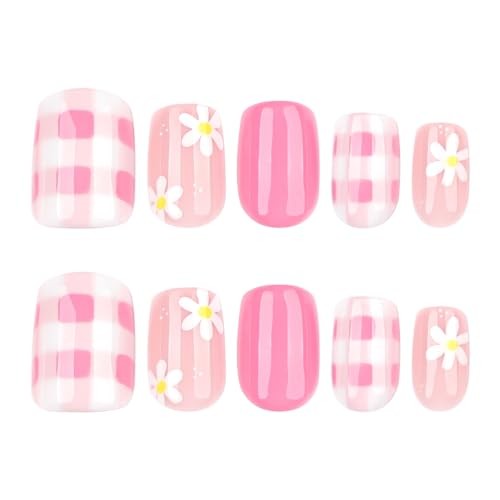 Pink Press on Nails – Short Square Fake Nails Retro Plaid – Style01