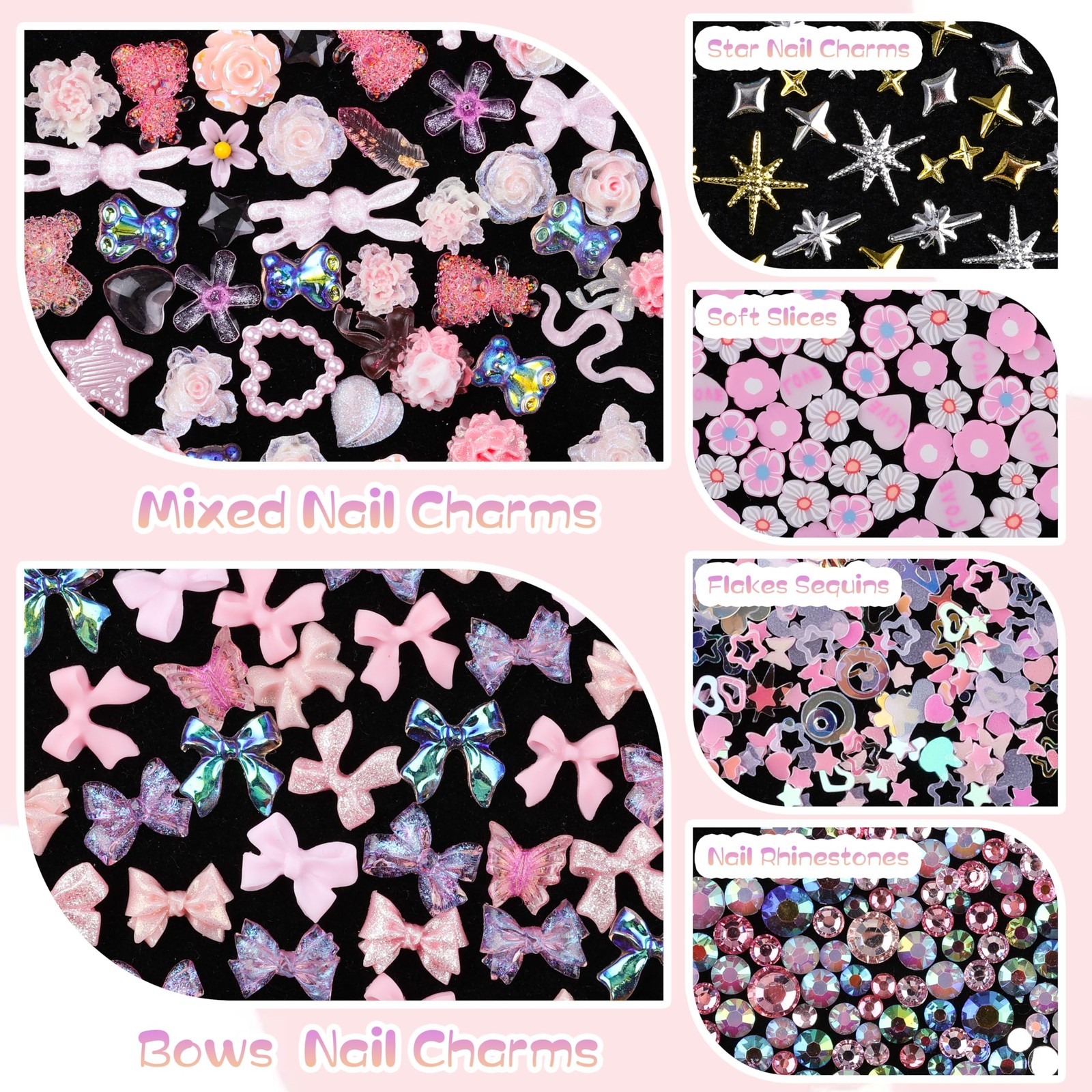 260Pcs 3D Assorted Pearls Nail Charms Acrylic Multi Shapes Heart Flower