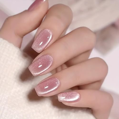 Pink Cat Eye Press on Nails Medium Square Fake Nails Glitter Short Style-5