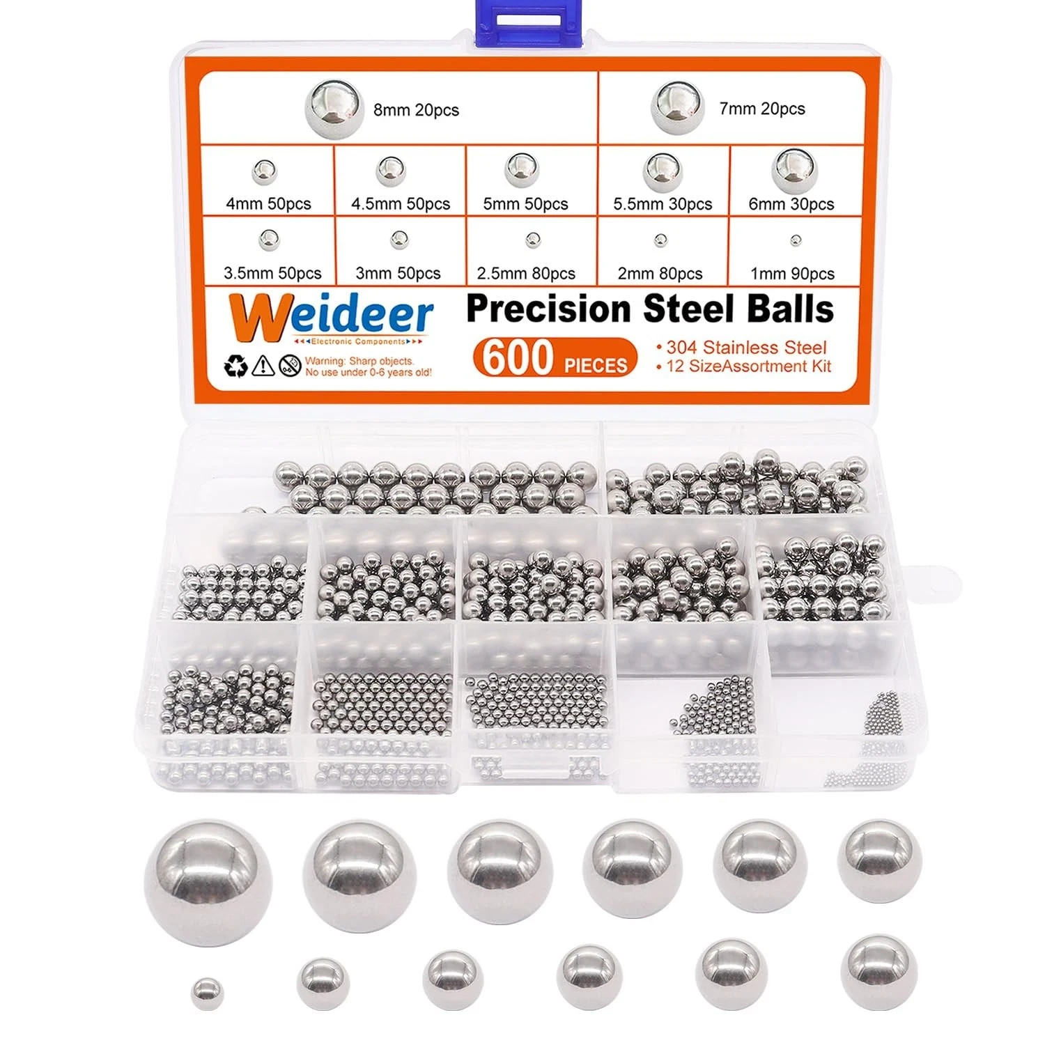 600 Pcs Metric Precision Steel Bearing Balls, Assorted Stainless Steel Loose Bic