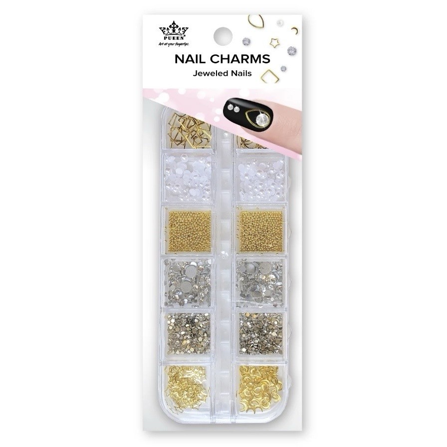 Pueen Nail Art Charms Assorted 3D Jeweled Accents Gold, Silver And Rhinestone
