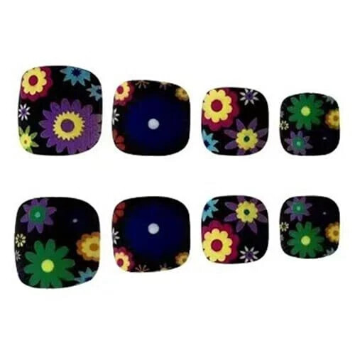24 Pcs Summer Flowers Press on Toenails Short Square Black Colorful flowers