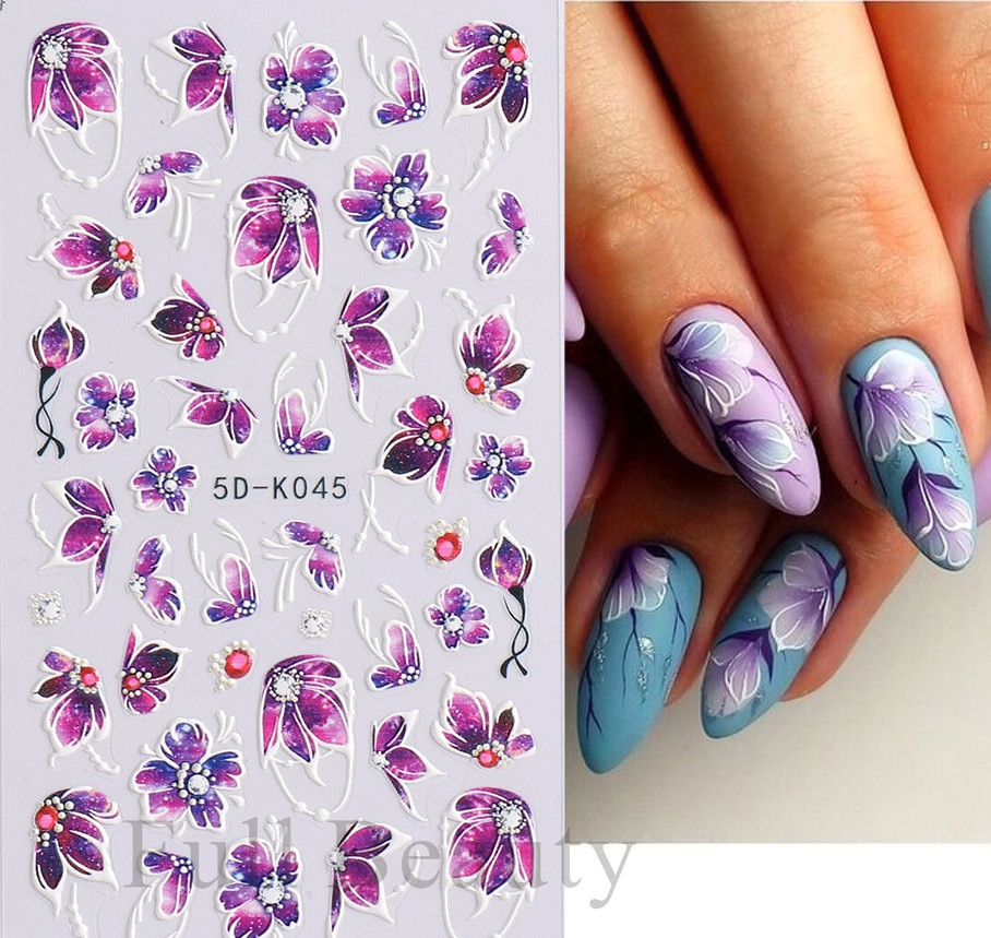 5D Blue Purple Lace Butterfly Flowers Nails Art Stickers Embossed Decals NS42