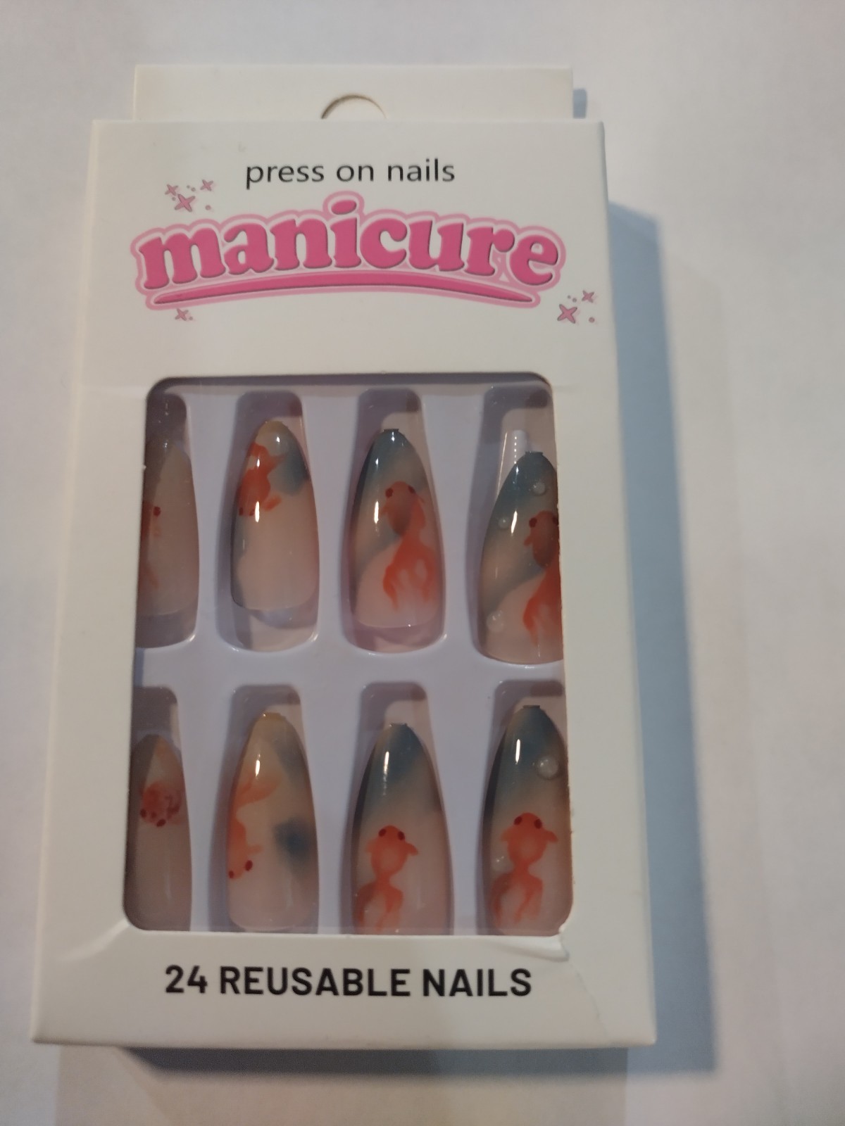 Gold Fish Press On Nails Long Almond