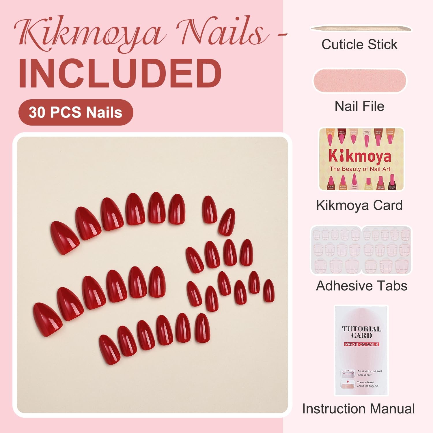 Red Almond Press on Nails Short Reusable False Nails Full Cover Fake Nails Ki…