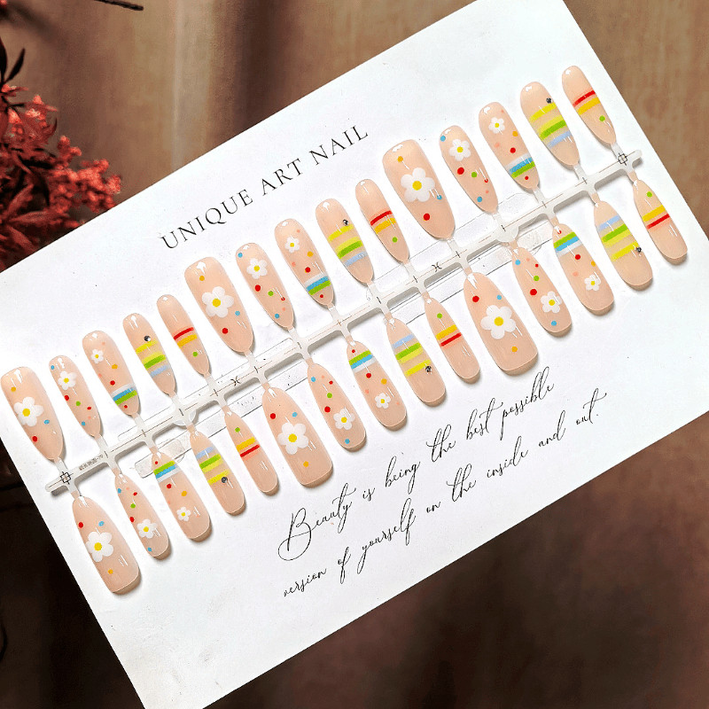 60pcs Almond Press on Nails, Clear Base Daisy Rainbow Stripes Summer Nails