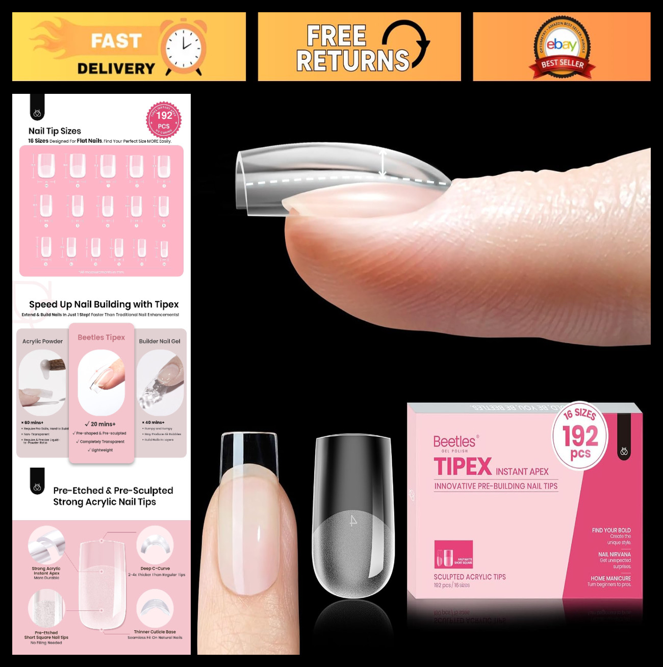 Short Square Nail Tips 192pcs (00-14) | Thicker Acrylic Extensions, No Builder G