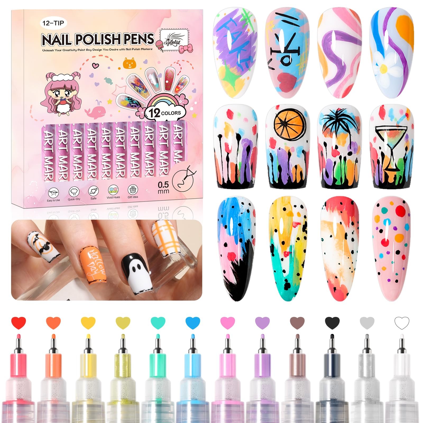 12 Color Nail Art Pens 0.5mm Fine Tip Quick Dry Paint Markers For DIY