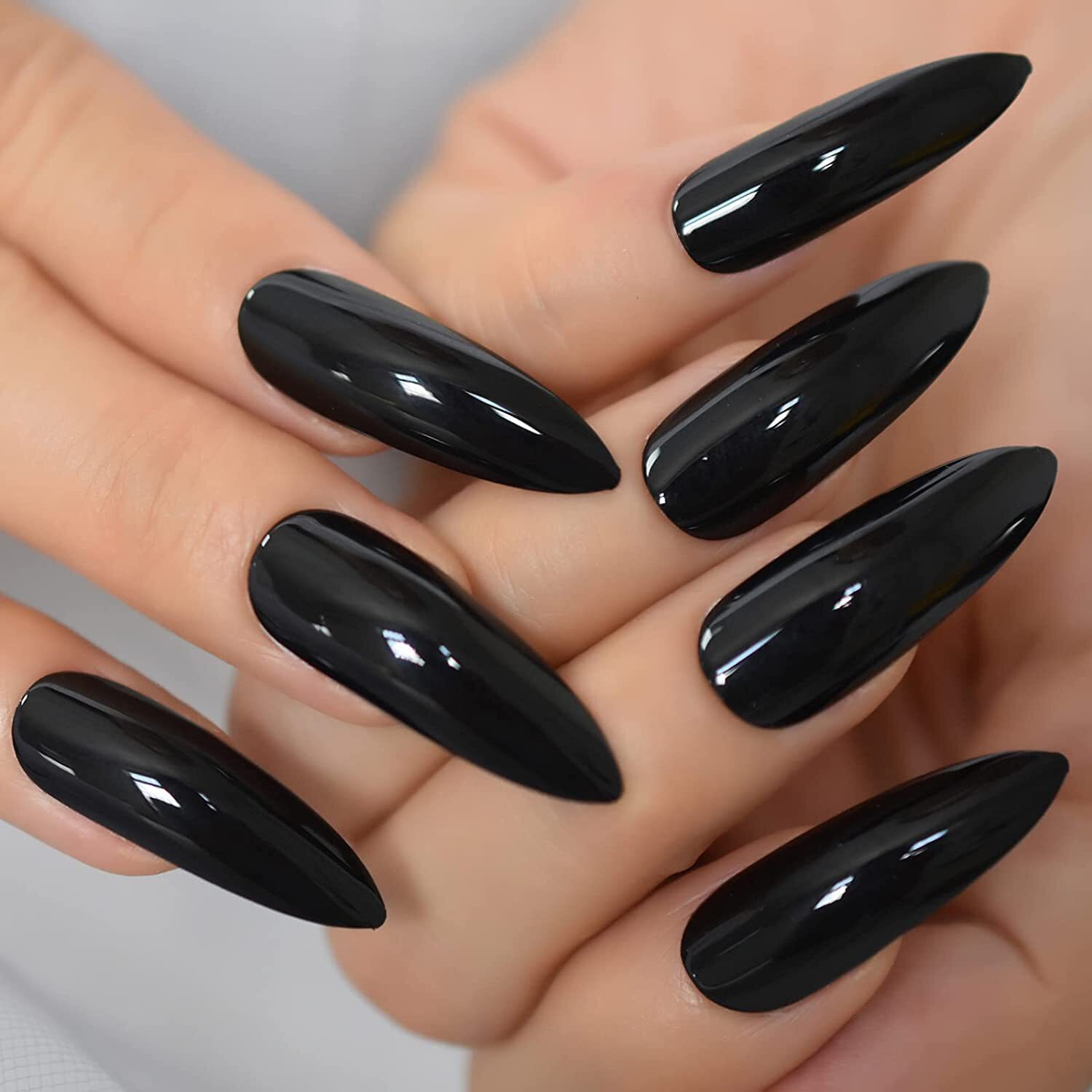 Black Glossy Halloween Design Sharp Stiletto Extra Long Press On False Nails