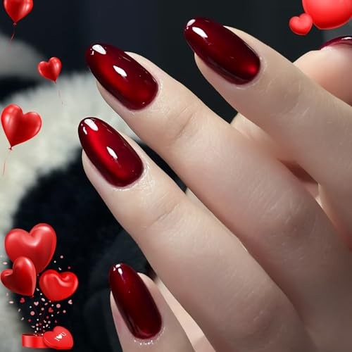 HOSAILY Red Cat Eye Valentines Press on Nails Short Oval, Deep Red Black Cherry