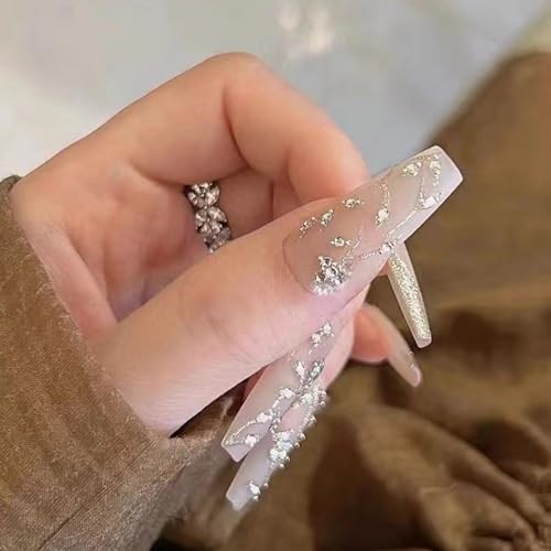 MISUD Long Coffin Press-On Nails with Bling Glitter Rhinestone, 24 Pcs