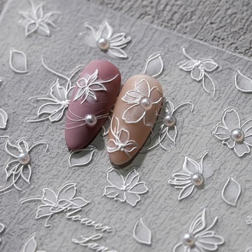 5D Embossed White Flower Nail Art Stickers Pearl Flower Nails Stickers Style-14