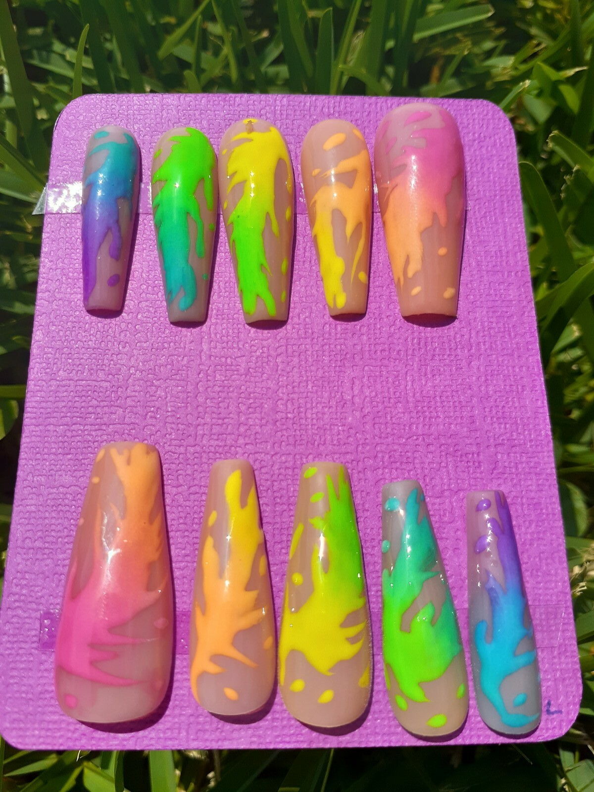 Rainbow Paint Splatter Neon Bright Summer Tropical Nude Vacation Press On Nails
