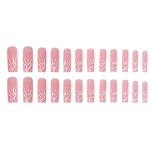 Extra Long Press on Nails Pink Square French Fake Nails, Full Cover Striped
