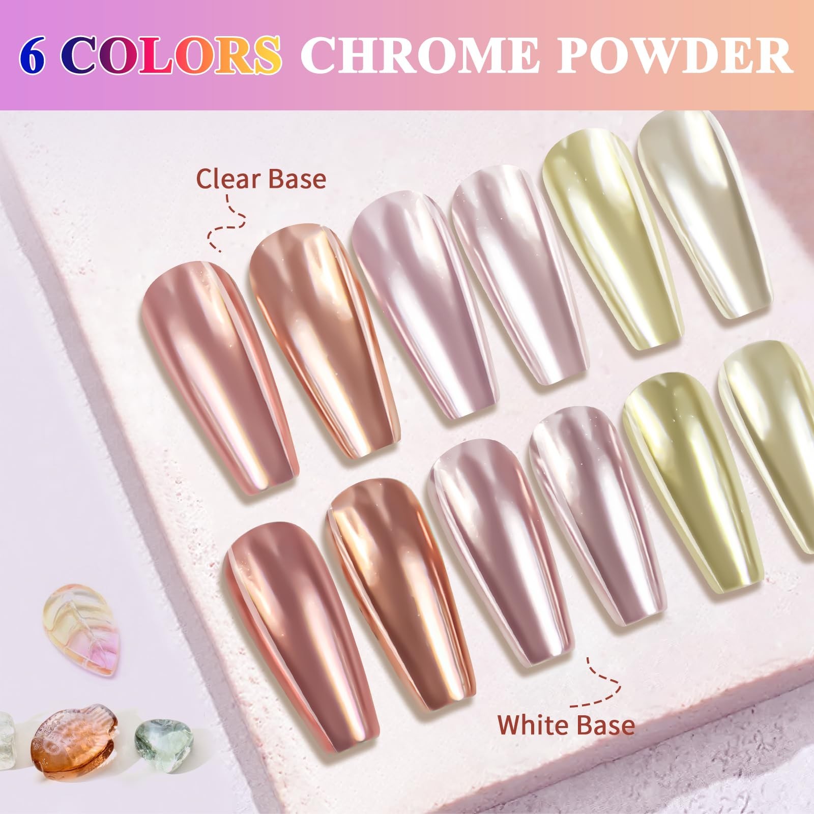 Gold Chrome Nail Powder, DRMODE 6 Colors Metallic Mirror Effect Pink Champagn
