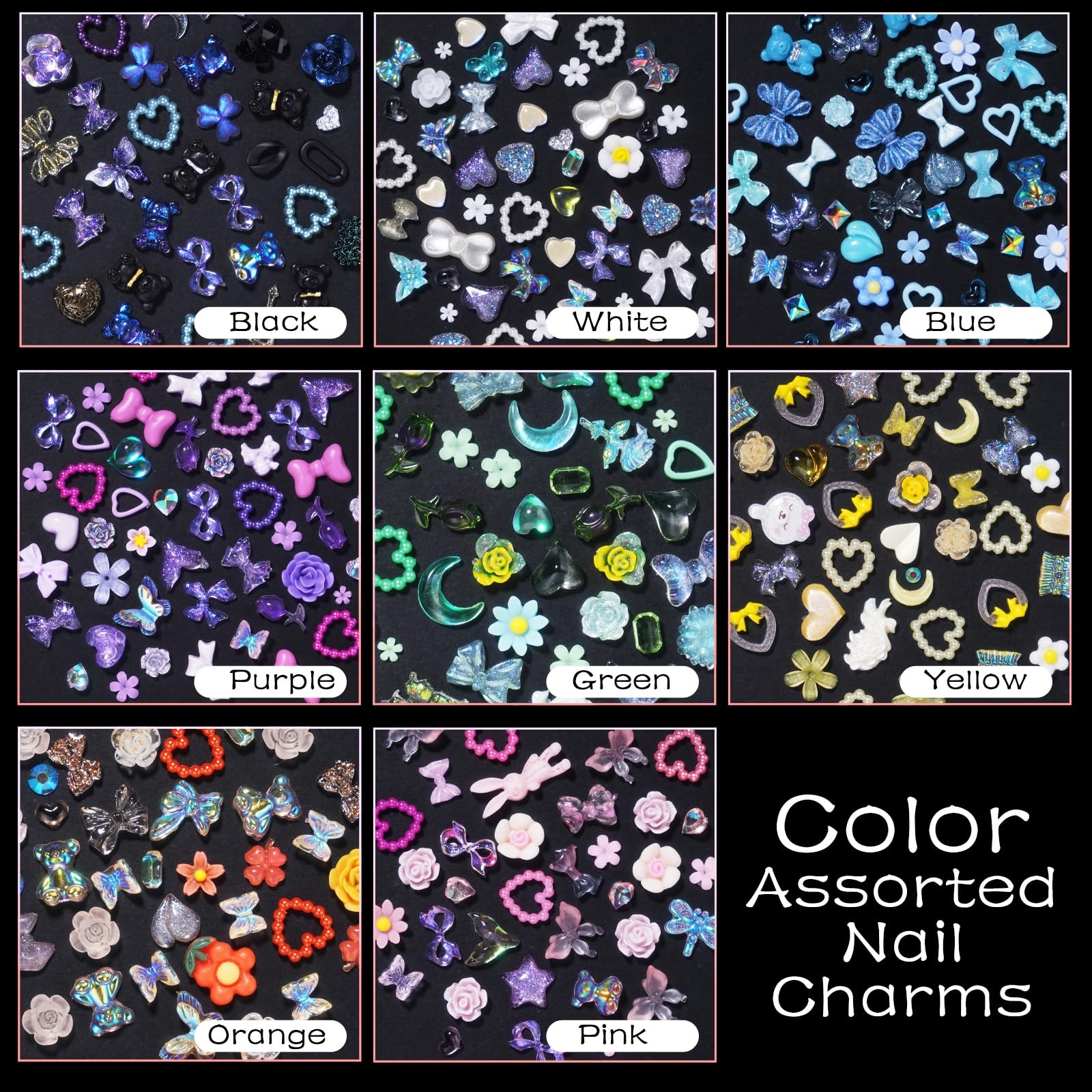 Assorted Acrylic 3D Nail Charms – Multi Color Flower Bows, Butterflies, Hearts,