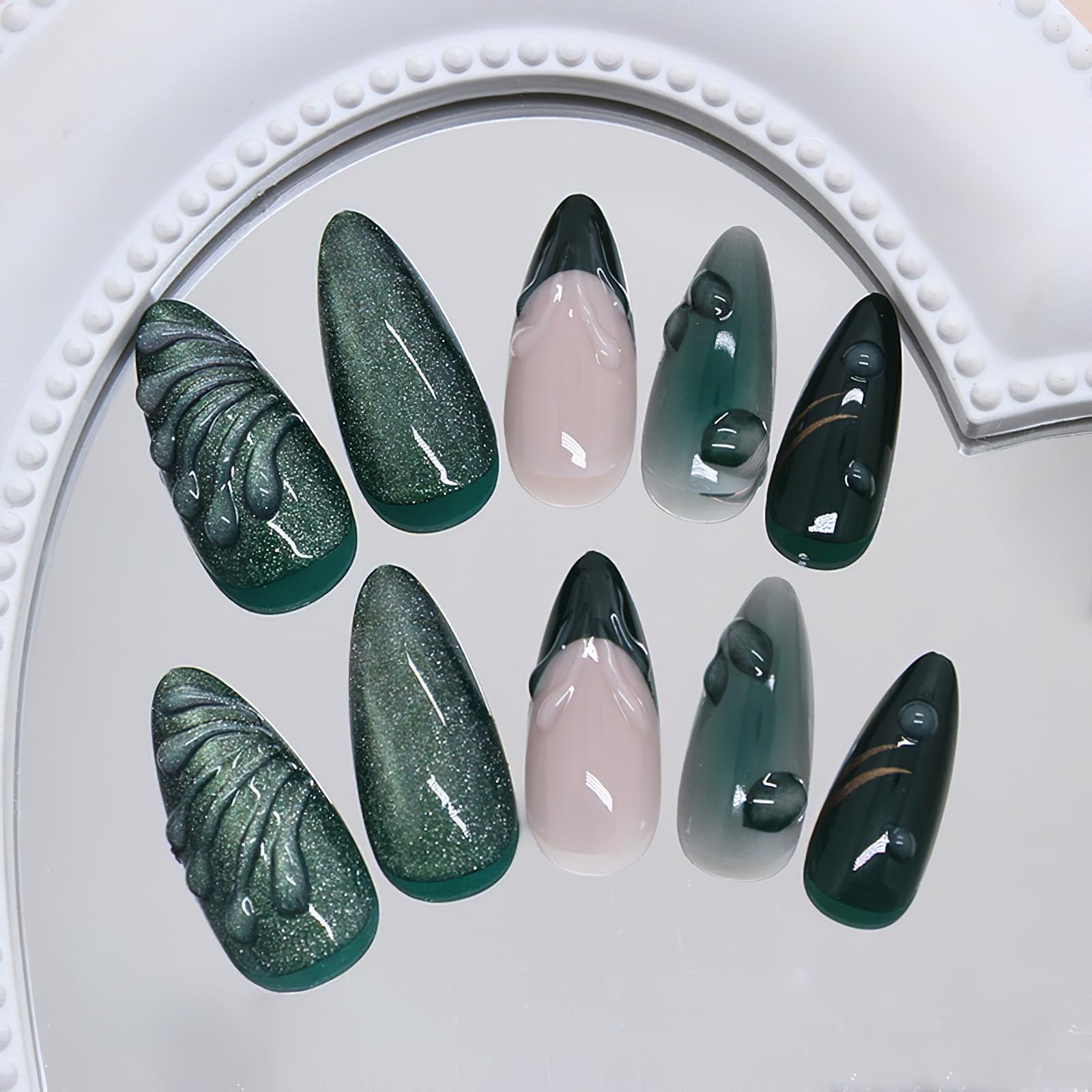 Jremg Green Press on Nails Medium Almond Fake Almond, Multicolor