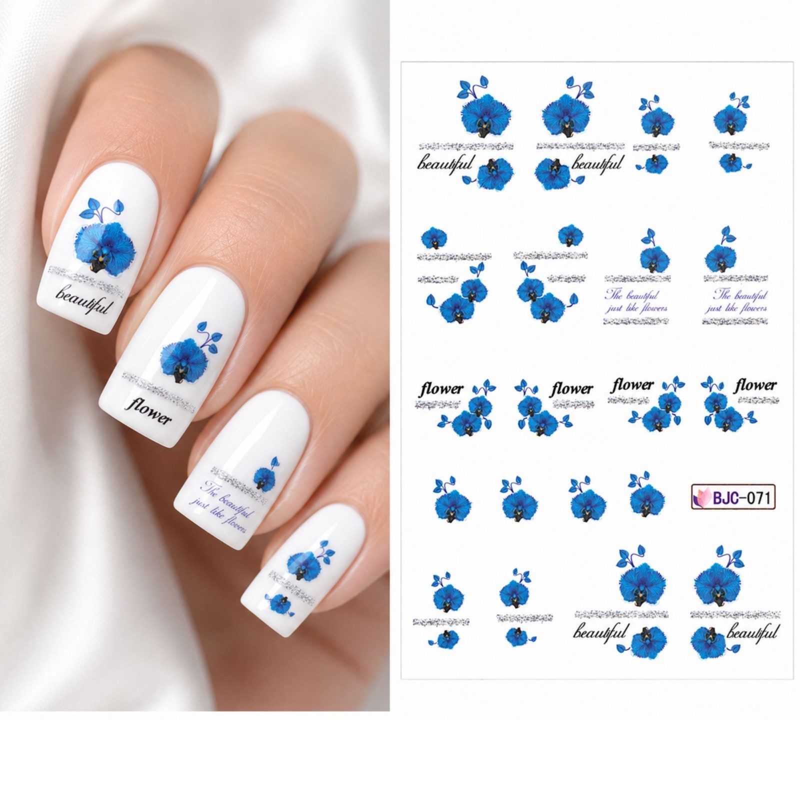 Beautiful Blue Orchid Flower Nail Decals Water Transfer Sticker Floral Manicure