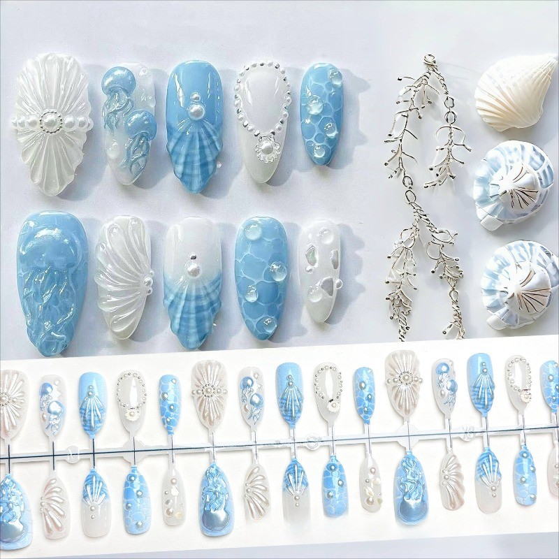 30pcs Summer Sea Shell Press on Nails Almond Shape with Jellyfish&Pearl Details