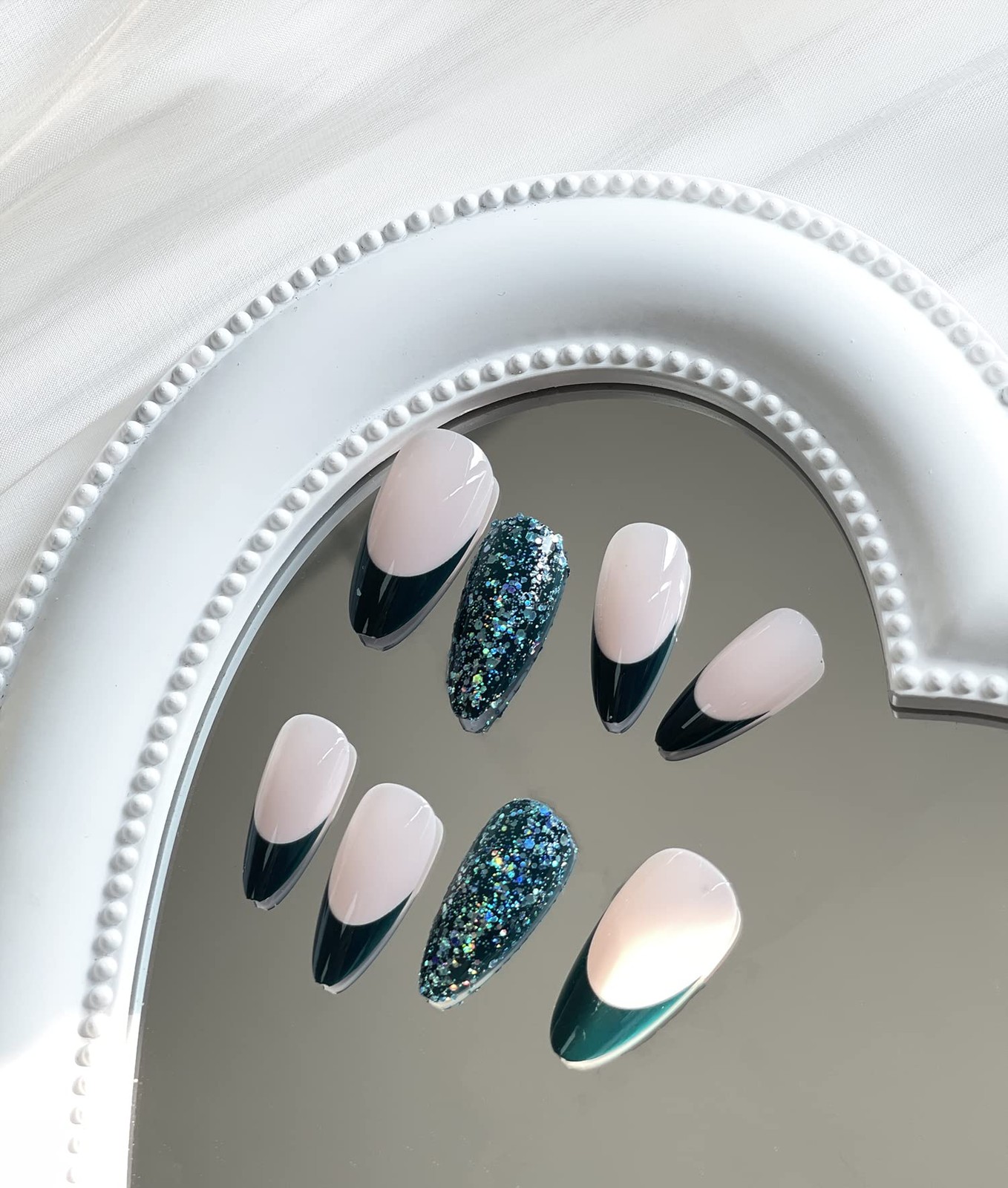Press on Nails Medium Almond French Tip Fake Nails Dark Green Glitter Full Co…