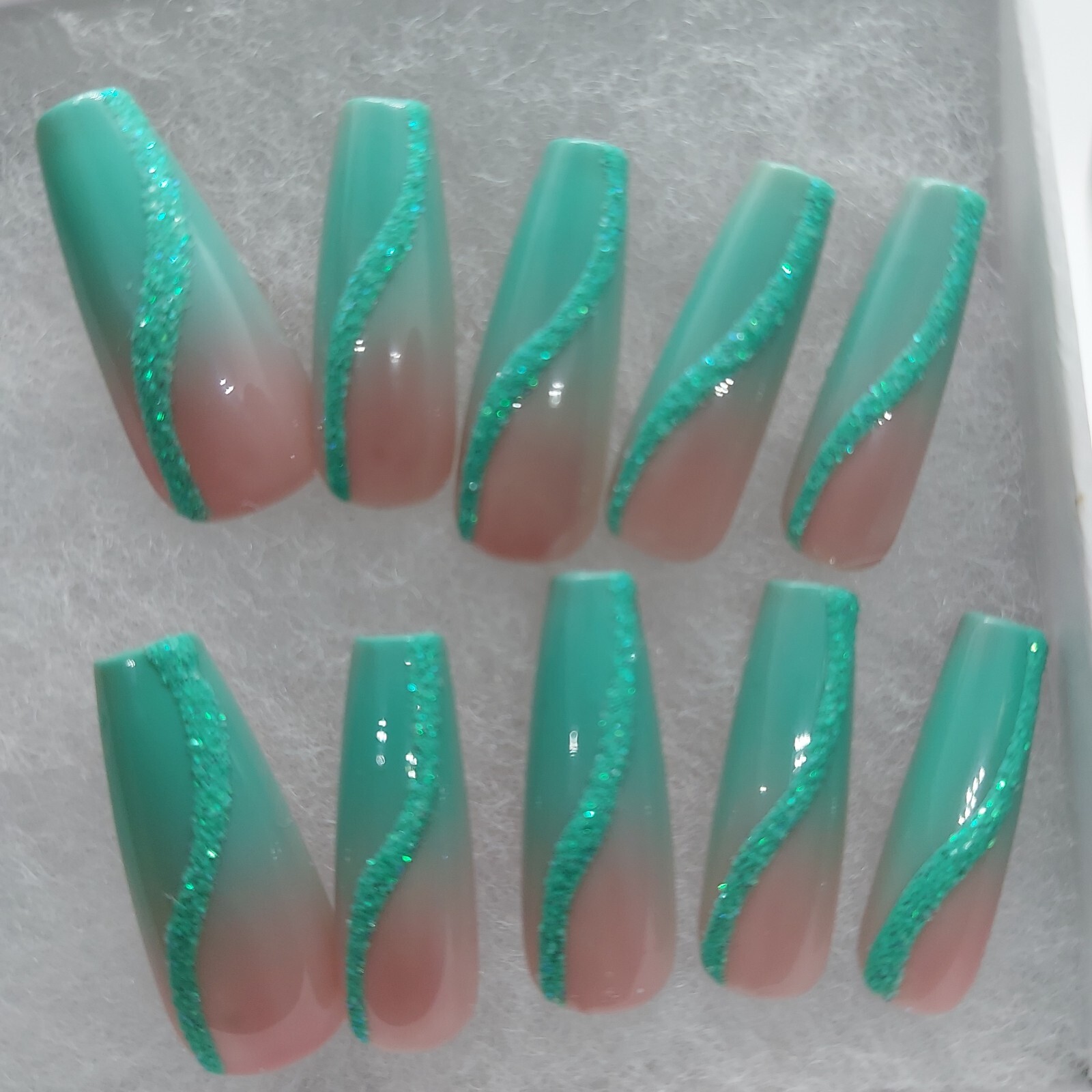 Ocean Beach Wedding Nails Teal Turquoise Glitter Sugar Swirl Press on Nails