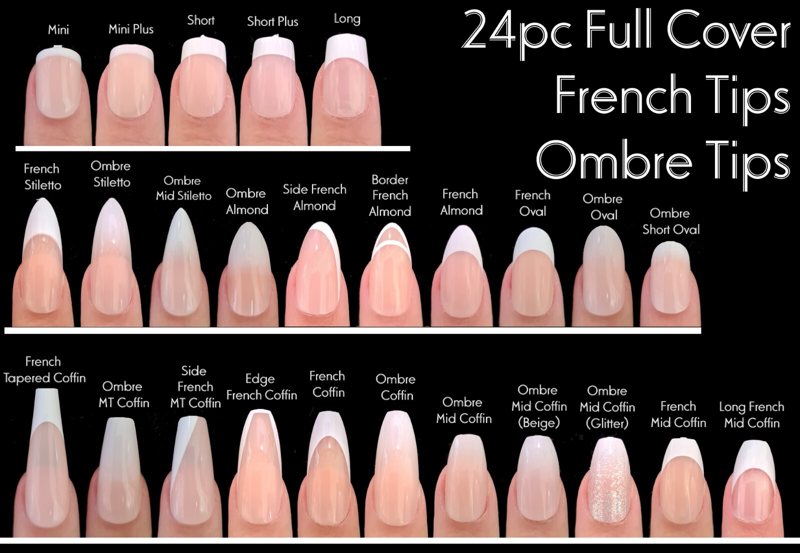 Press on Nails 24pc Full Cover French Tips Gradient Fade Ombre Fake Nail Wedding