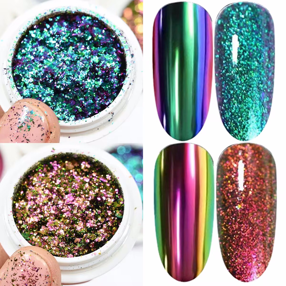 6pcs/Set Chameleon Laser Nail Mirror Chrome Powder Set Solid Rubbing Chrome Dust