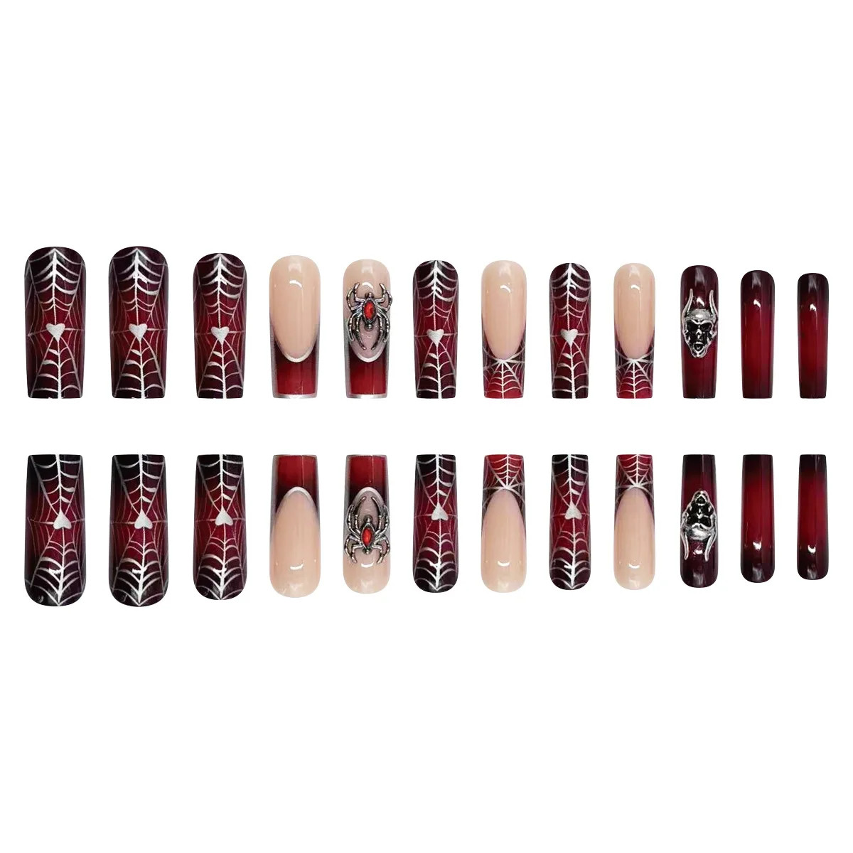 24pcs Halloween Gothic 3D Spider Skull Coffin Press On Nails
