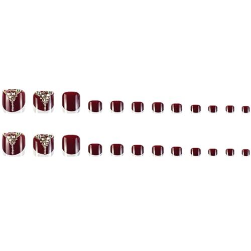 Red Press on Toenails French Tip Fake Toenail Rhinestone False Nail Style-18