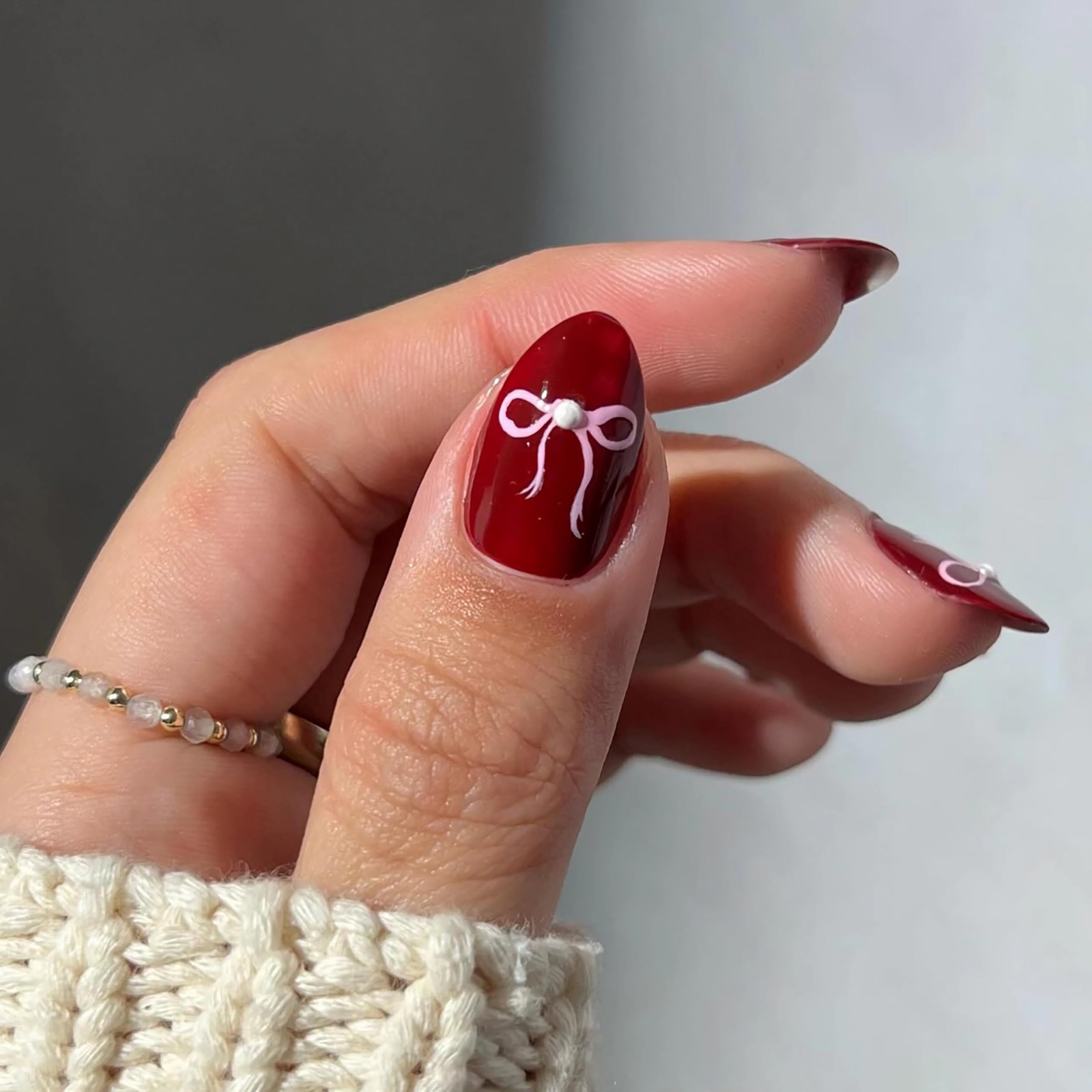 Press on Nails Almond, Wine Red & Bow Pearls Fake Nails Medium Press Ons, Glo…