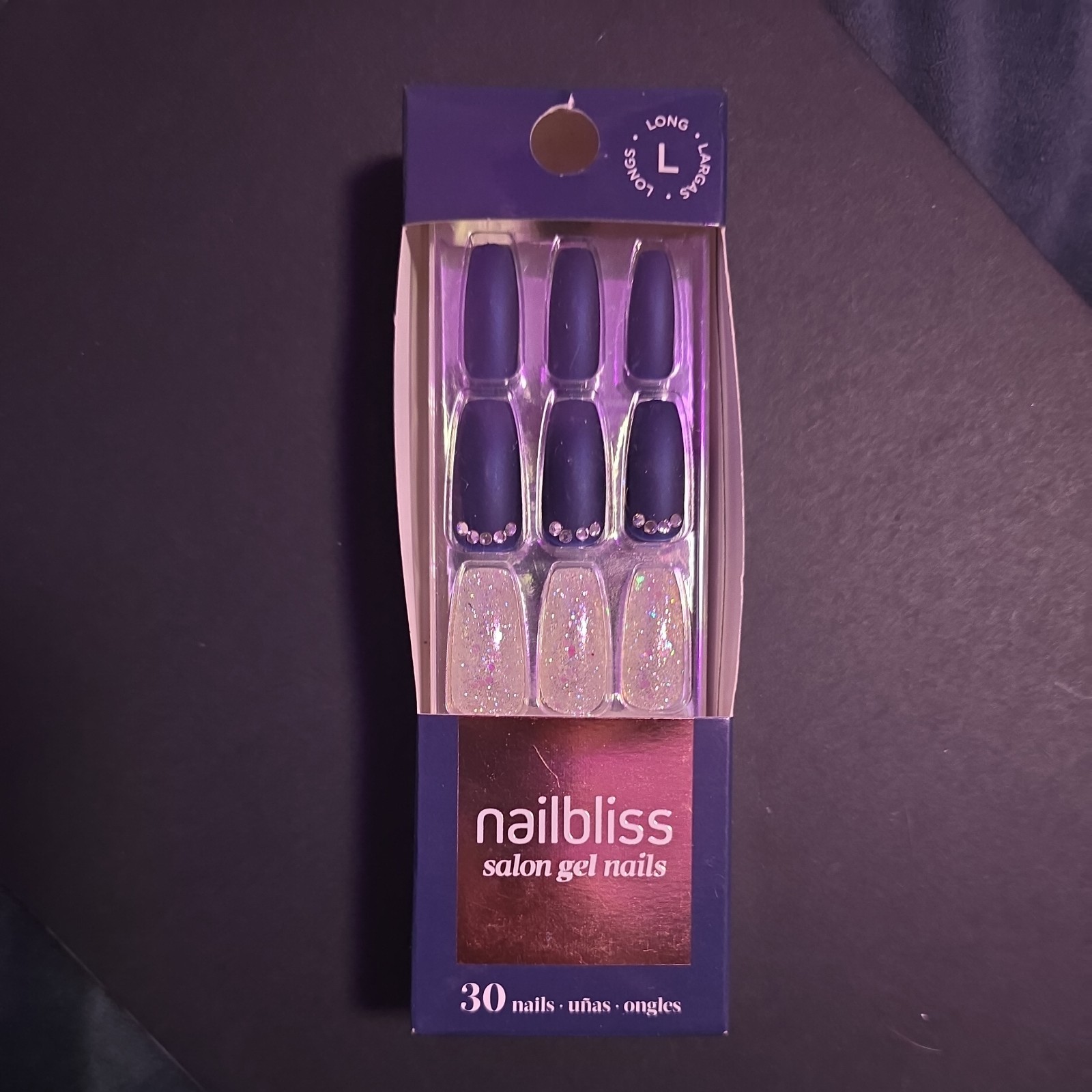 Dashing Diva NailBliss Salon Gel Nails Long Navy Blue & Glitter Glue On 30 Nails