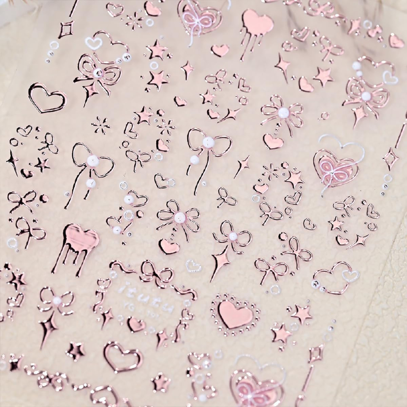 Valentine’s Nail Art Stickers Pink Bow 5D Embossed Self-Adhesive Heart and Star