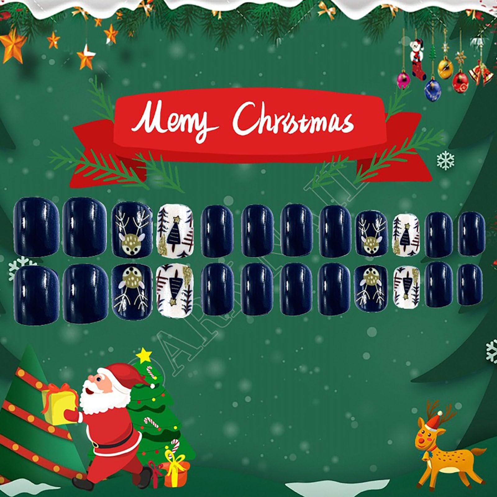 CHAONENG Milu Deer Christmas Press On Nails Short Square Blue 24Pcs