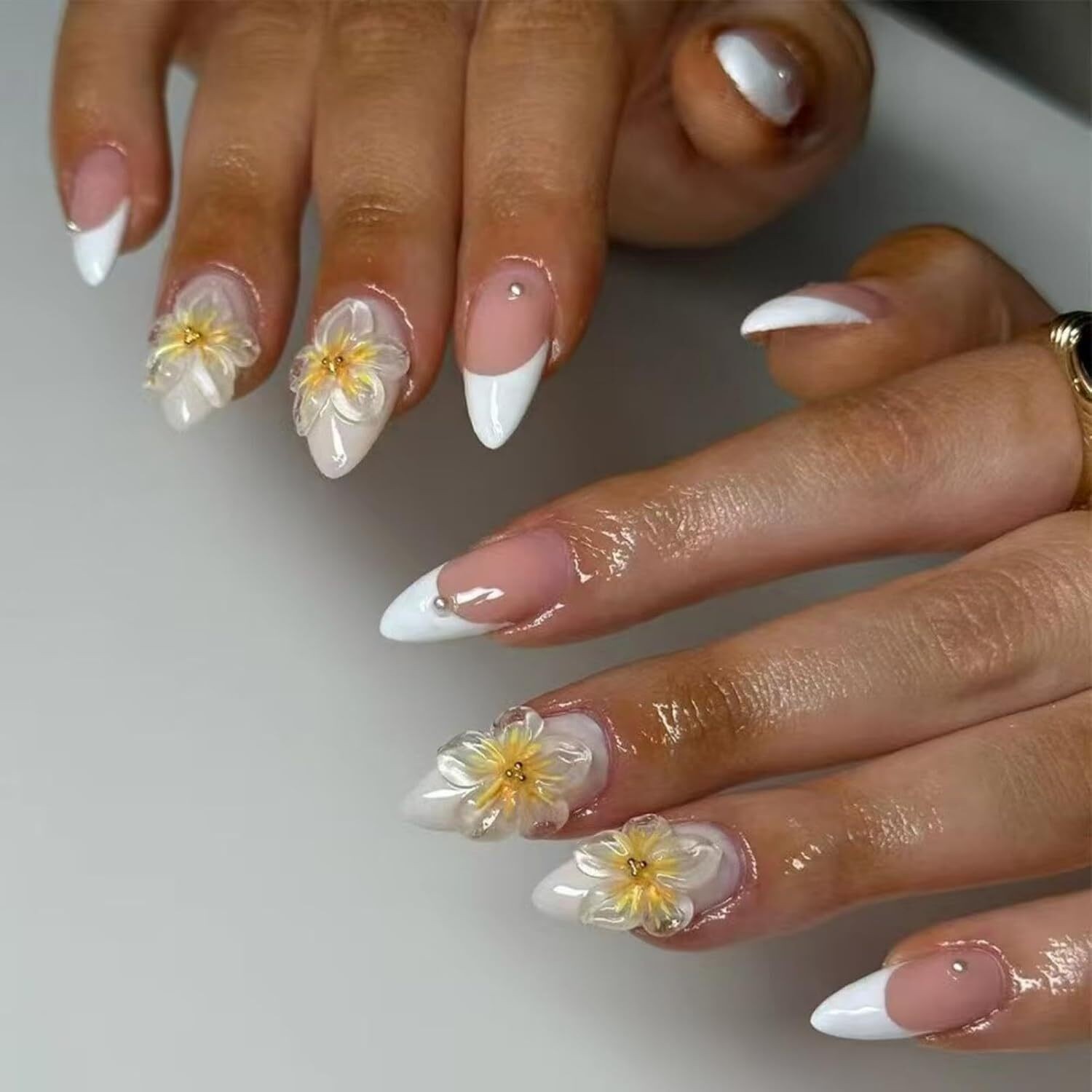 White French Tip Press On Nails Medium Almond 5D Flower Pearl Fake Nail Set