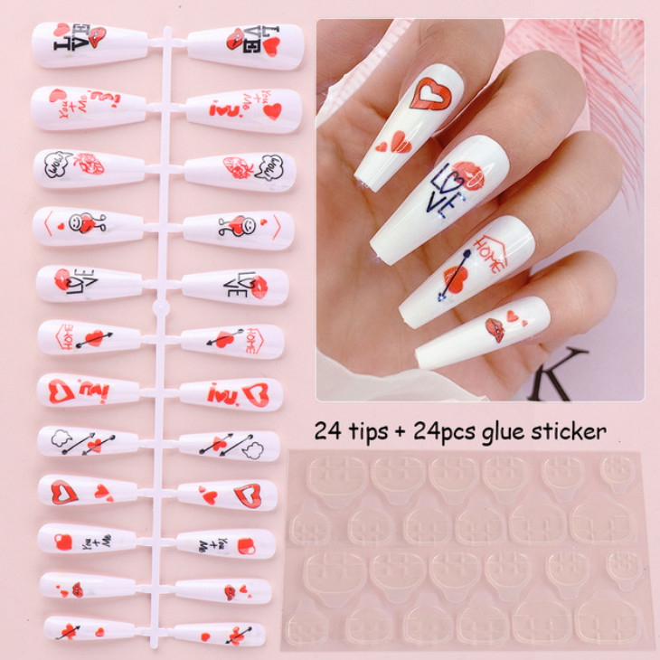 24PcsFake Nails Kit Set Love Valentine Nails Stiletto Ballerina Manicure Acrylic